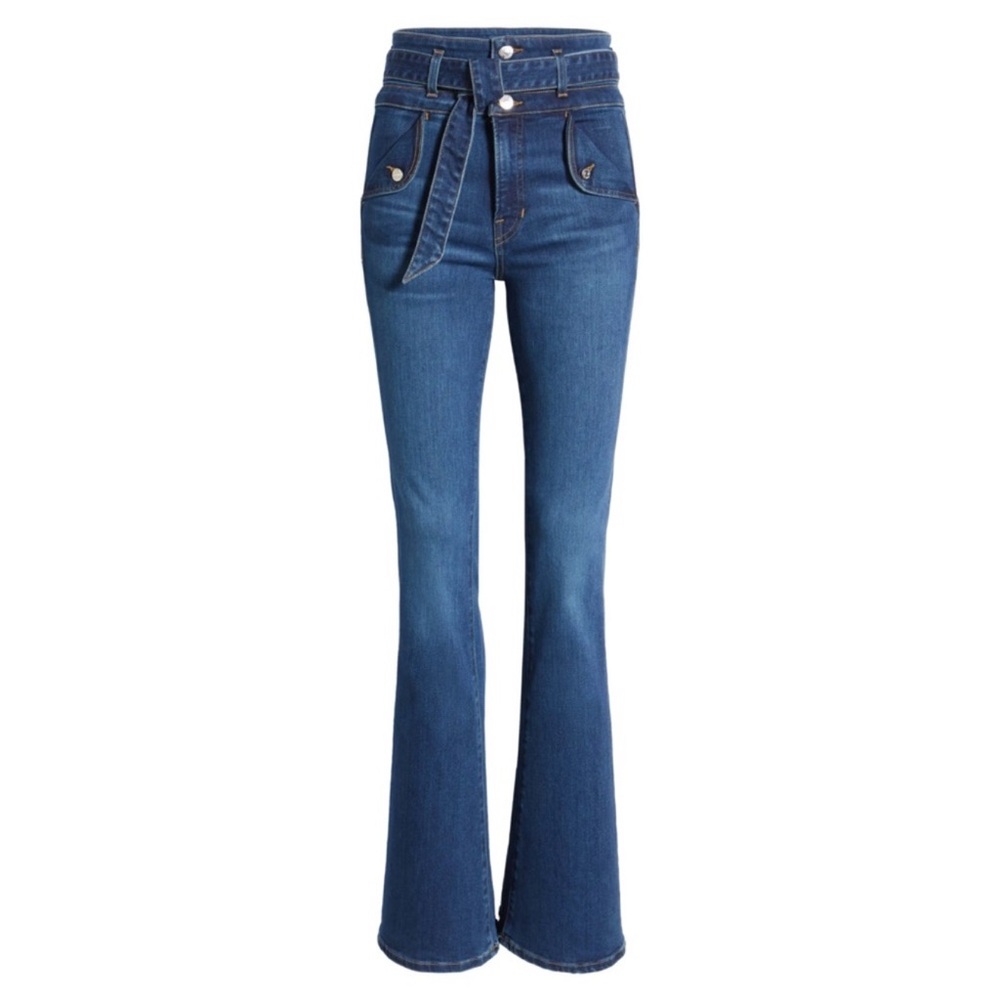 Veronica Beard Giselle Flared Tie-Waist Jeans Washed Oxford Blue